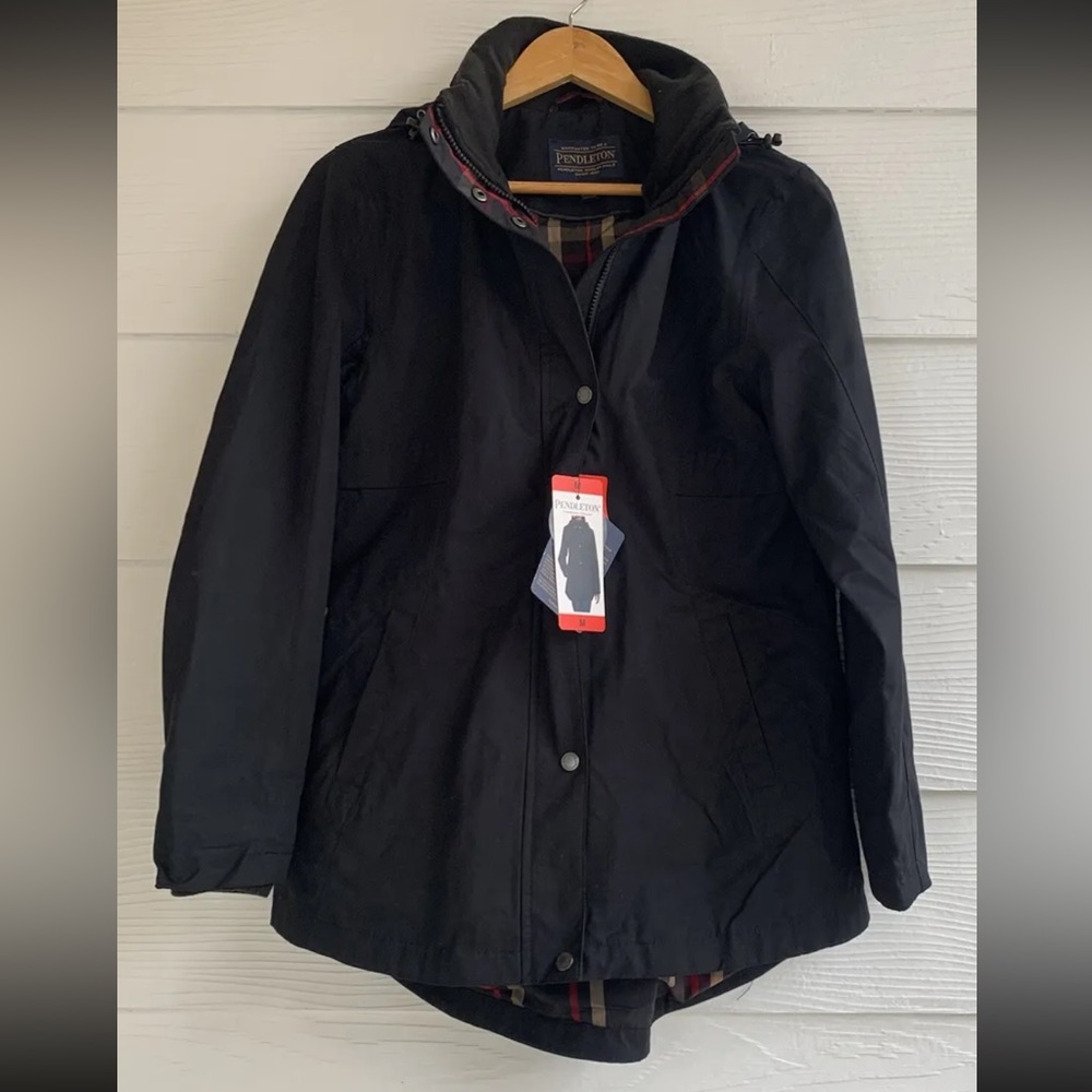 NEW Pendleton Black Trench Coat Jacket size Medium Hooded Plaid Lining
